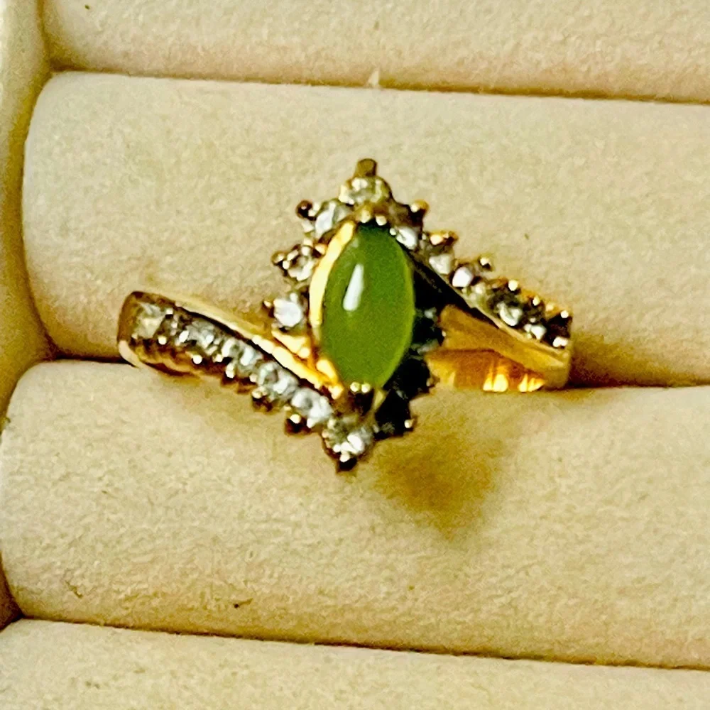 VTG 18k Gold Filled & CZ Stones Jade Cocktail Ring Sz 8.75 Yellow Gold